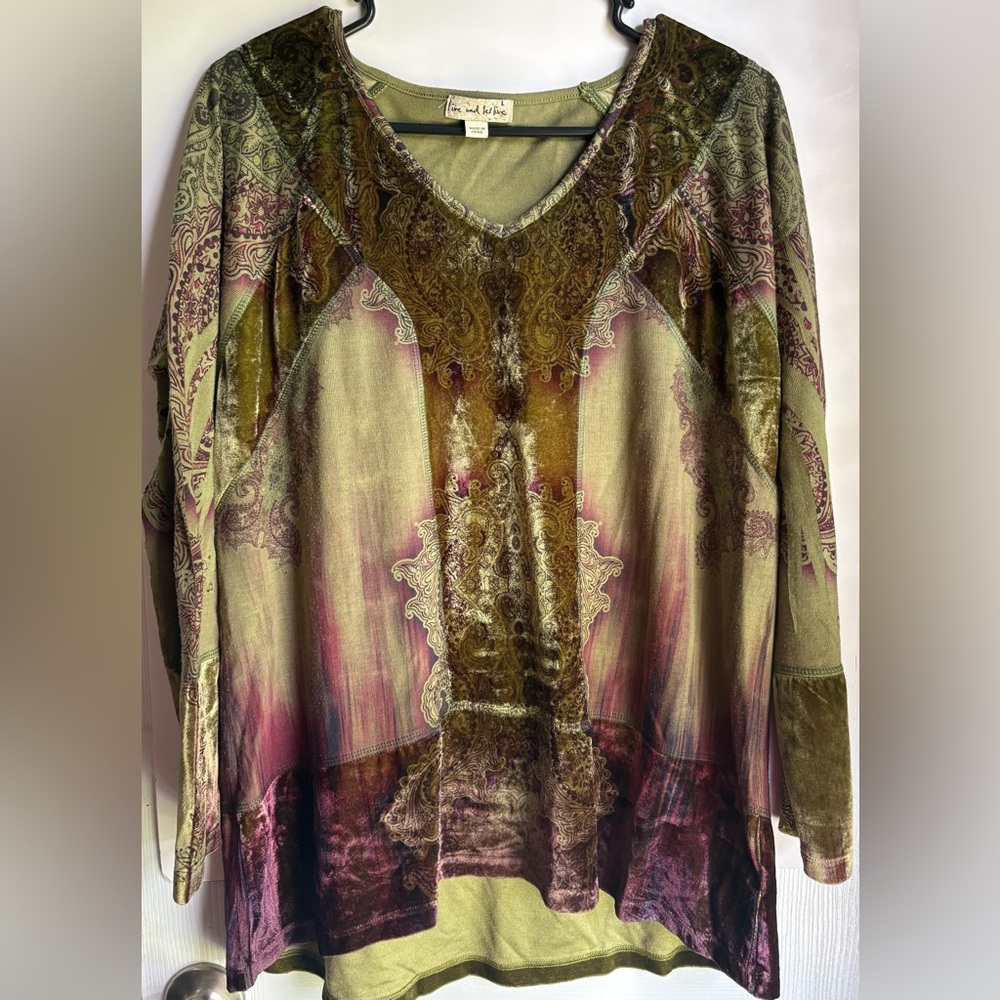 Elegant Multicolor Partial Velvet Long Sleeve Women’s Top Size Large